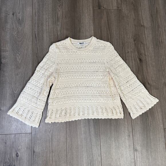 Madewell Scalloped-Trim Sweater Tee WMNS S Sand Crewneck Crop Open Knit Pullover - Picture 4 of 8